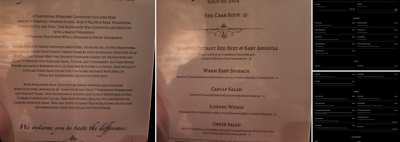 Byrd & Baldwin Bros Steakhouse Menu
