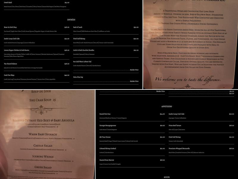 Byrd & Baldwin Bros Steakhouse Menu