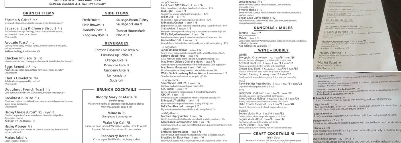 Hadley's Bar + Kitchen Menu