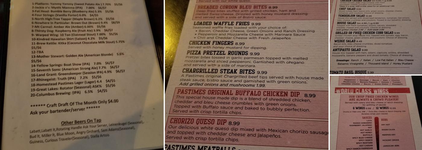 Pastimes Pub & Grill Crosswoods Menu