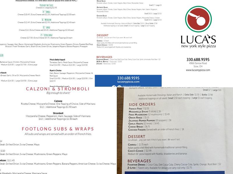 Luca's New York Style Pizza Menu