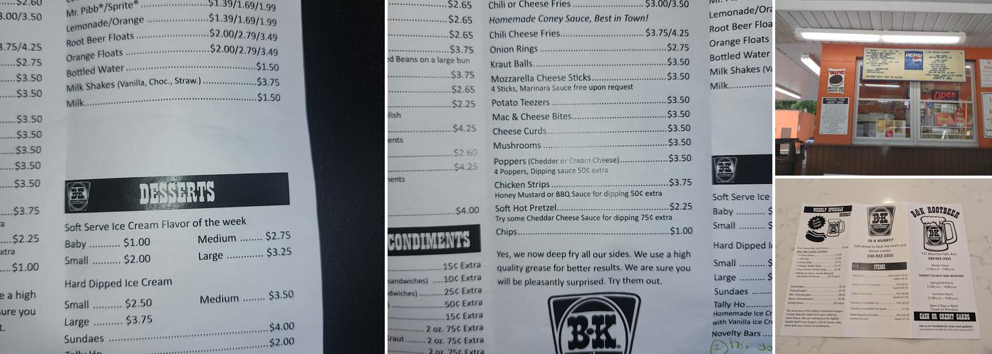 B&K Rootbeer Menu