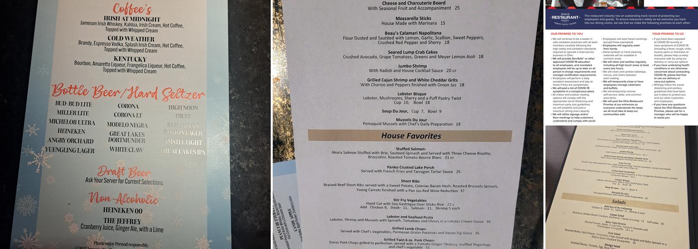 Beau's on the River Menu