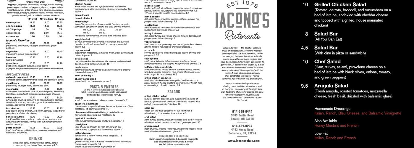 Iacono's Pizza & Restaurant Menu