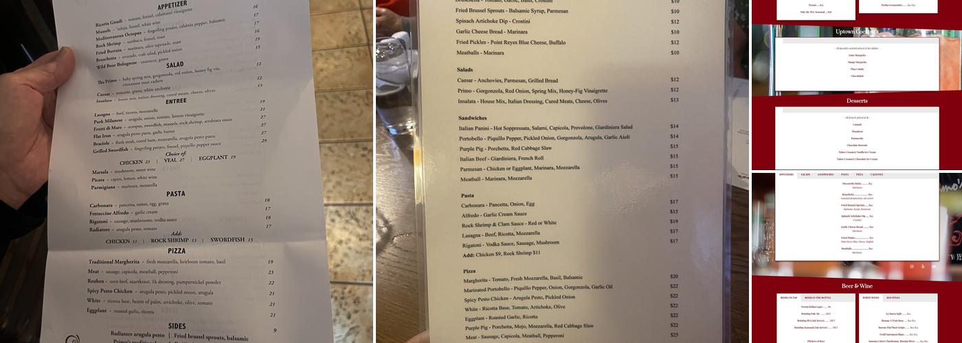 Primos Italian Bistro Menu