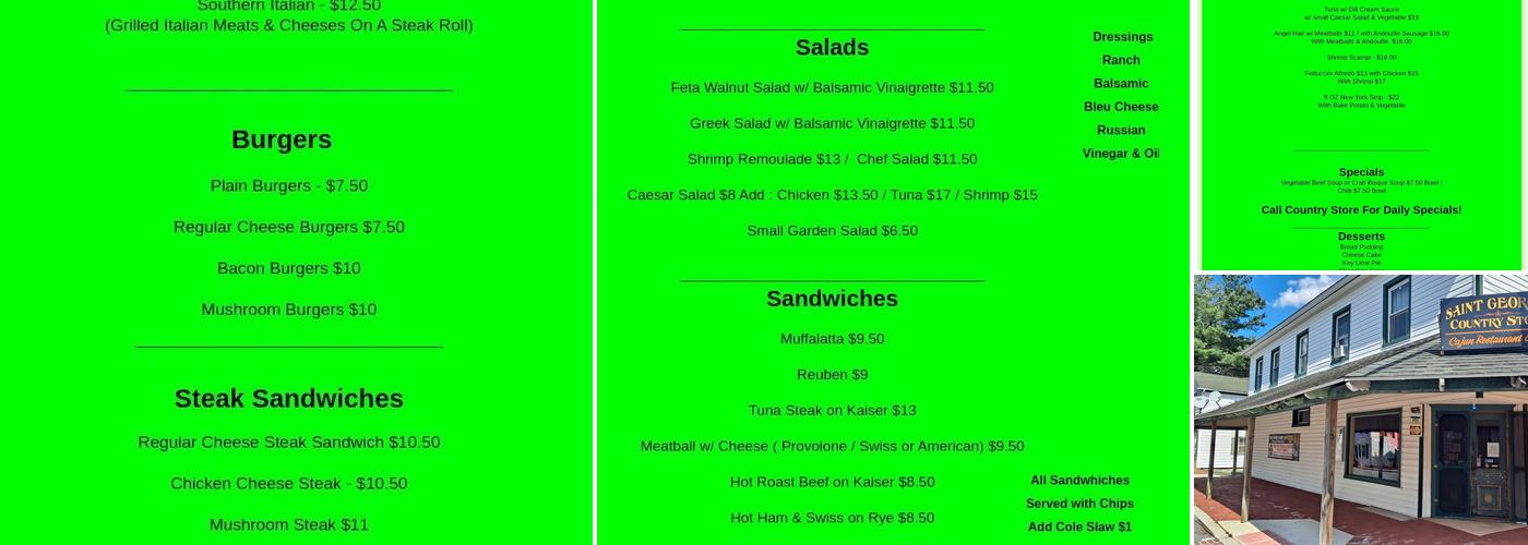 St Georges Country Store Menu