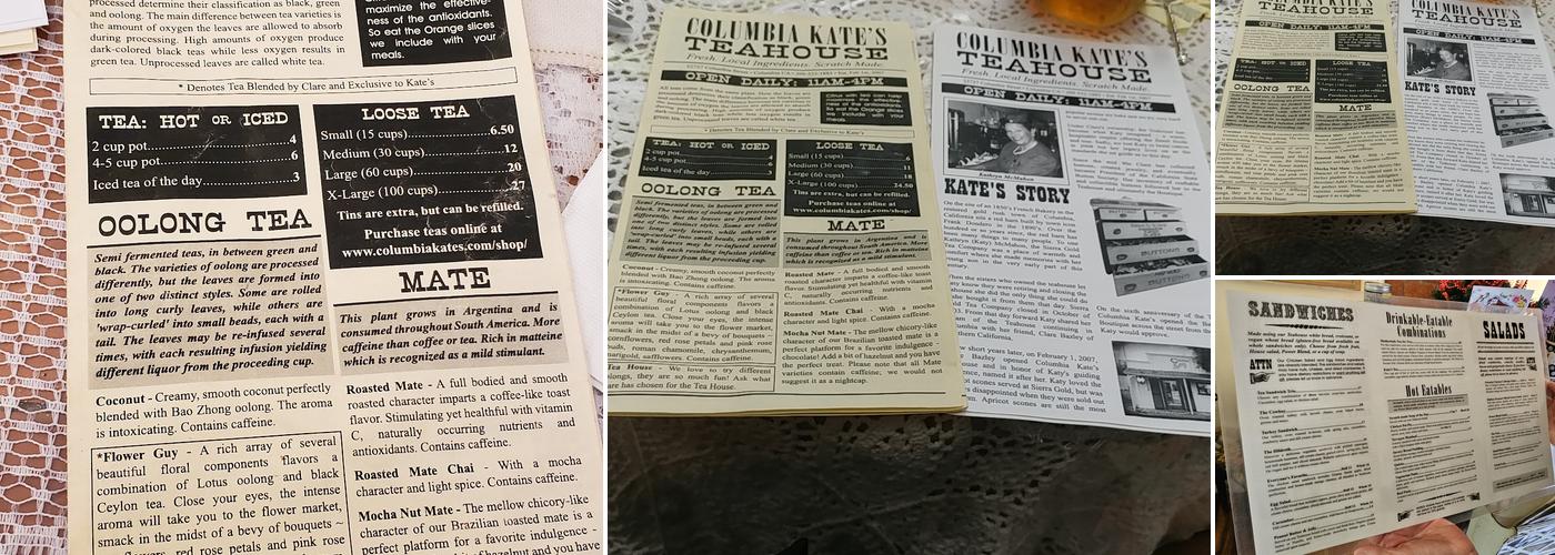 Columbia Kate's Teahouse Menu