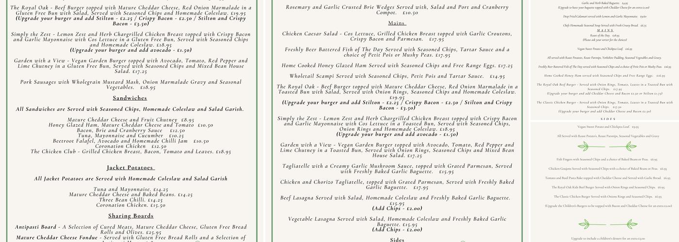 The Royal Oak Menu