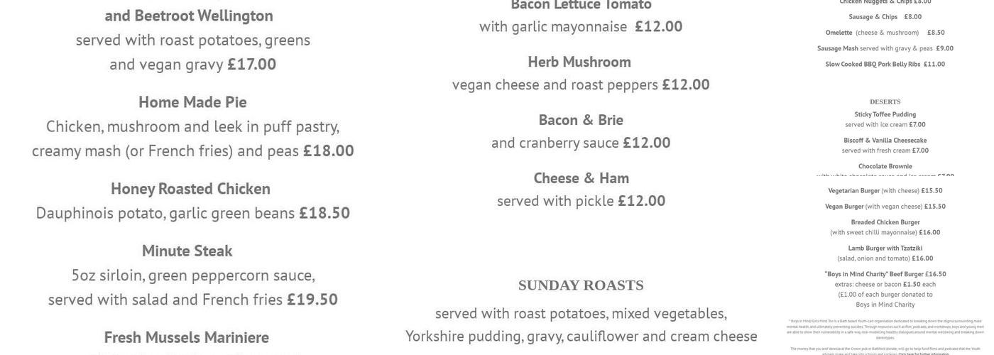 The Crown at Bathford Menu