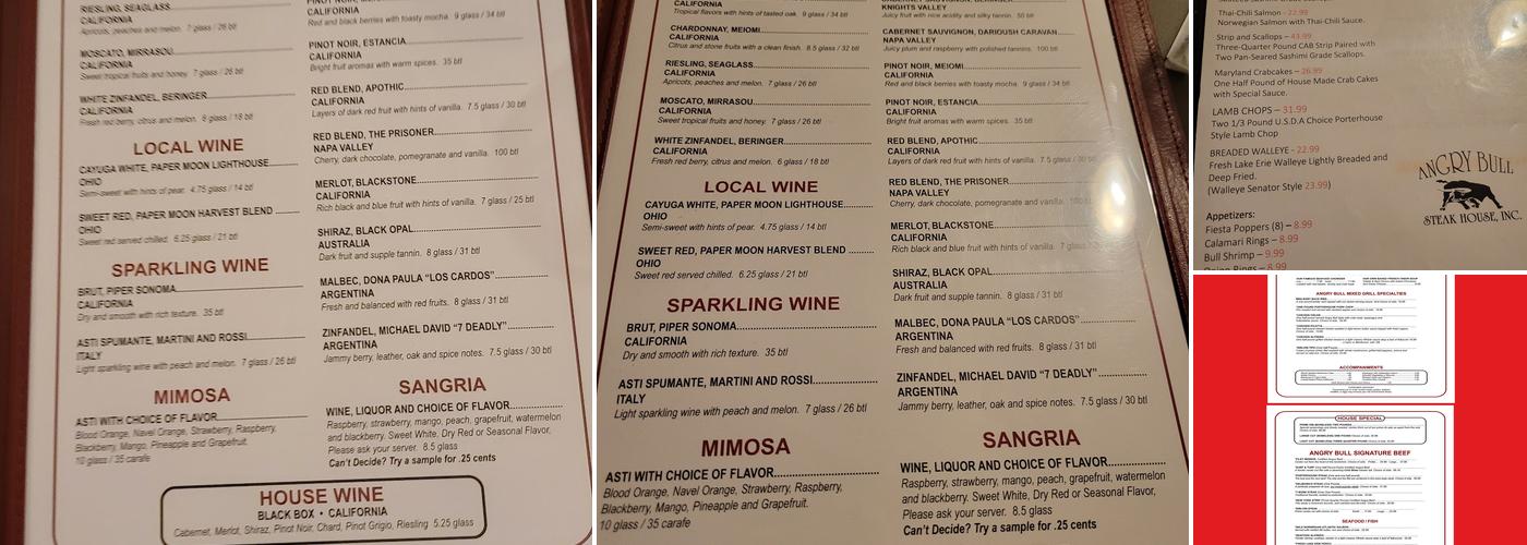 Angry Bull Steak House Menu