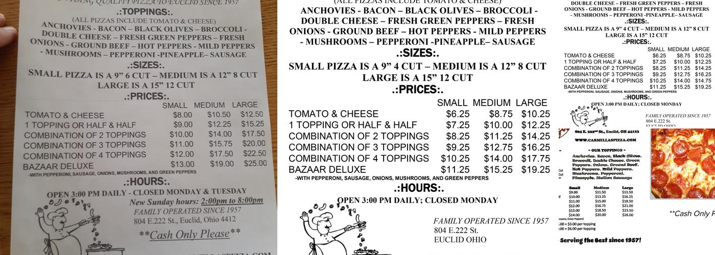 Carmella's Pizza Bazaar Menu