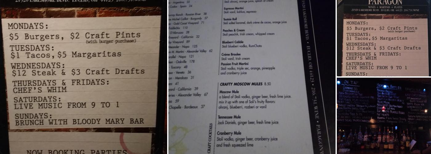 Paragon - Wines, Martinis, Plates Menu