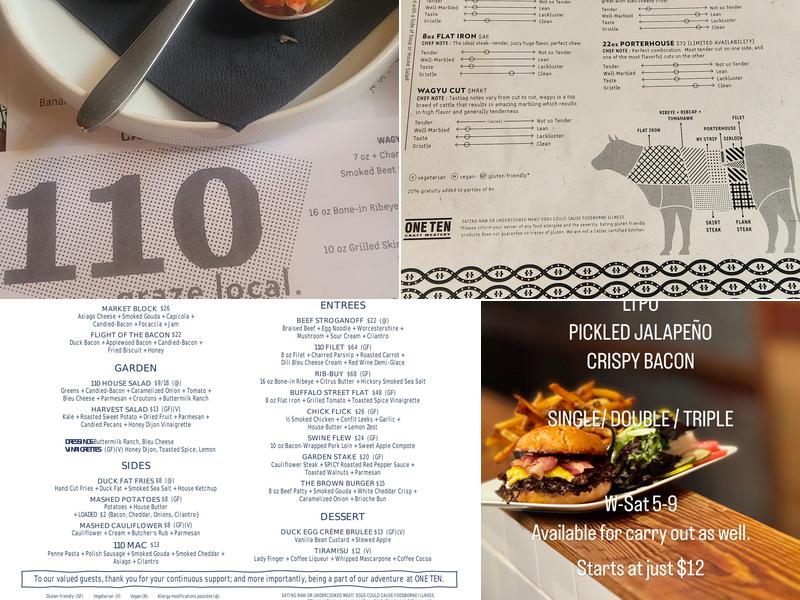 One Ten Craft Meatery Menu