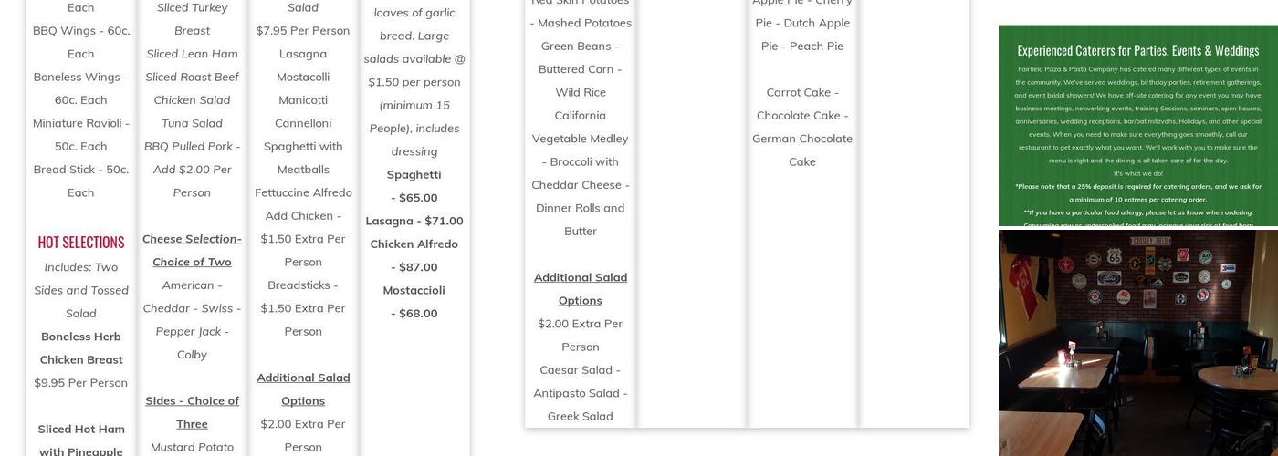 Fairfield Pizza and Pasta Company Menu