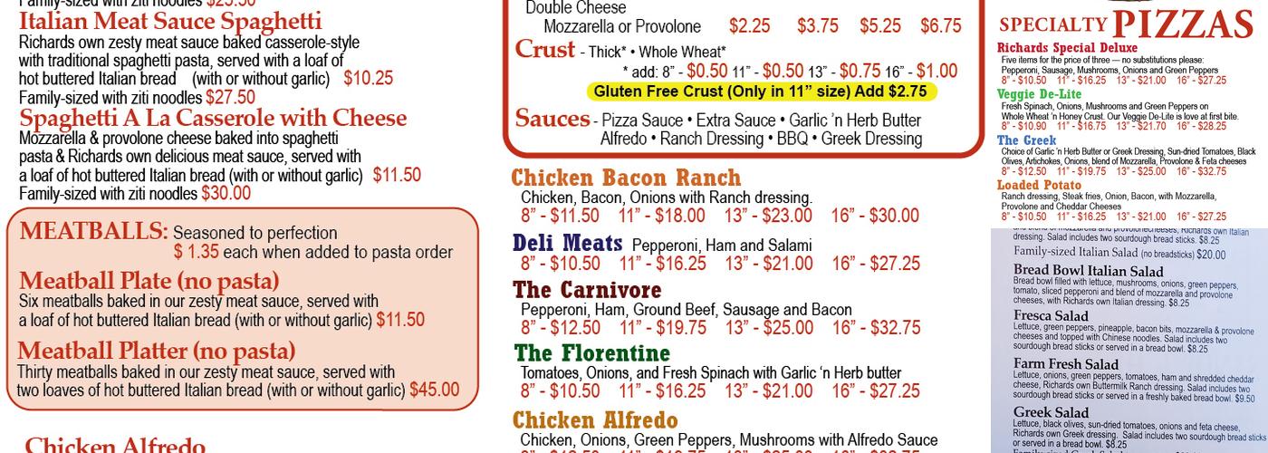 Richards Pizza Menu