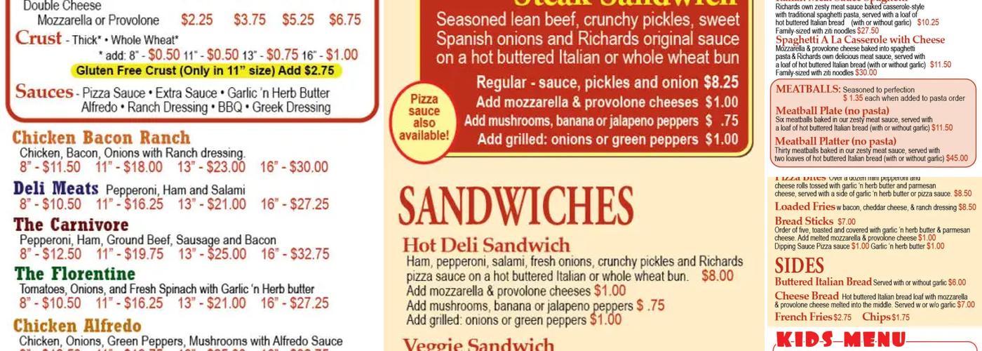 Richards Pizza Menu