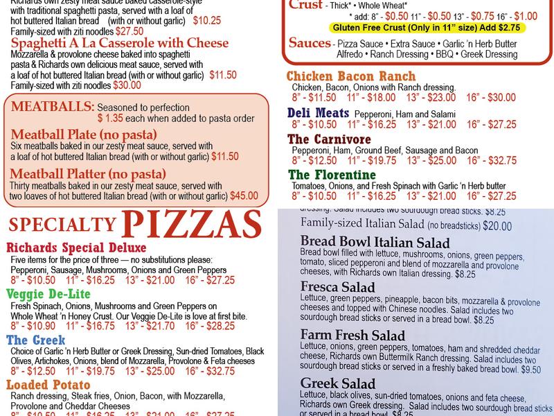 Richards Pizza Menu