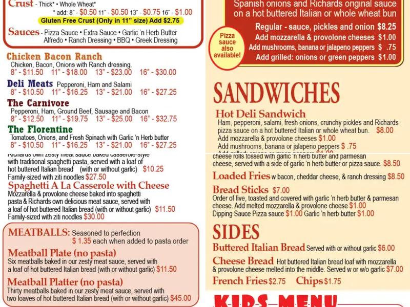 Richards Pizza Menu