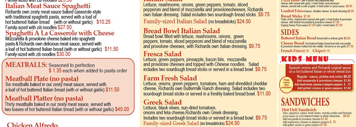Richards Pizza Menu