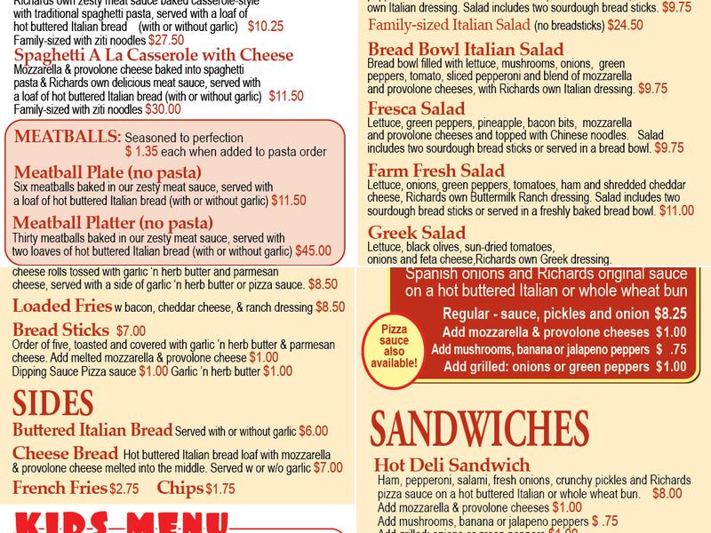 Richards Pizza Menu