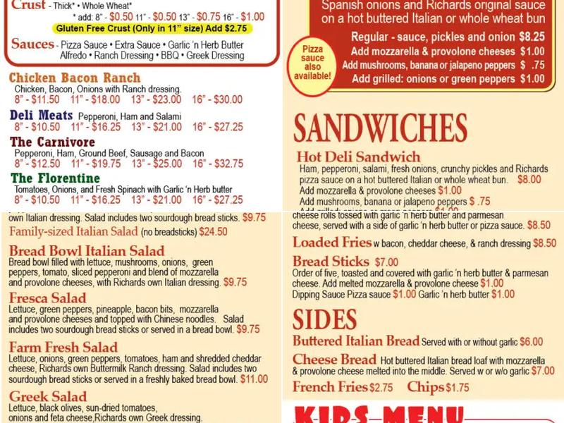Richards Pizza Menu