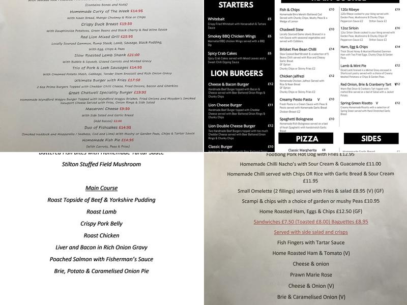 The Red Lion at Great Chatwell Menu