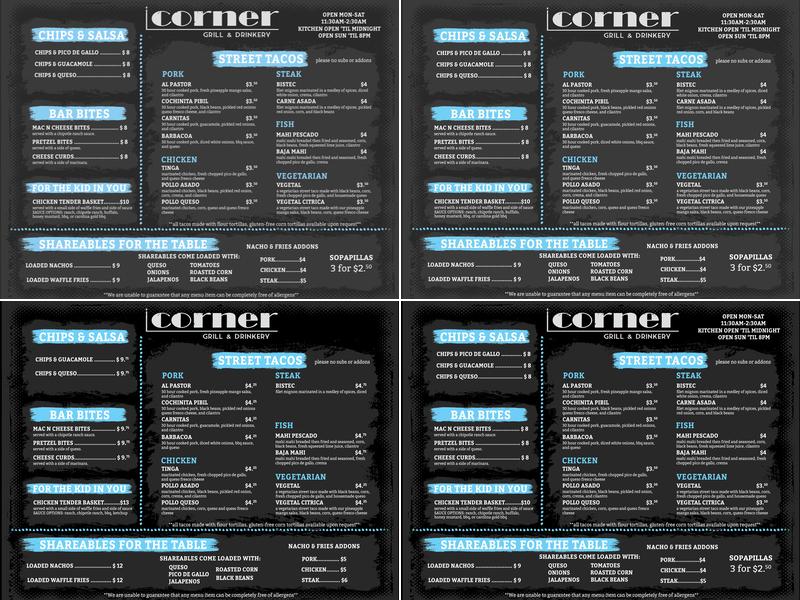 Corner Grill & Drinkery Menu