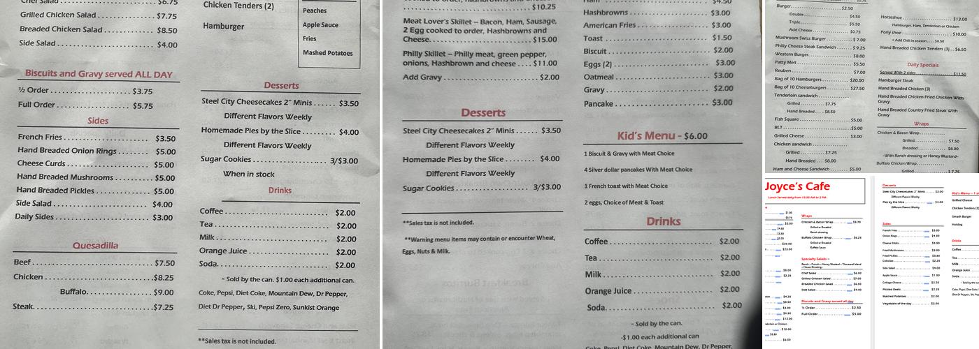 Joyce's Cafe Menu