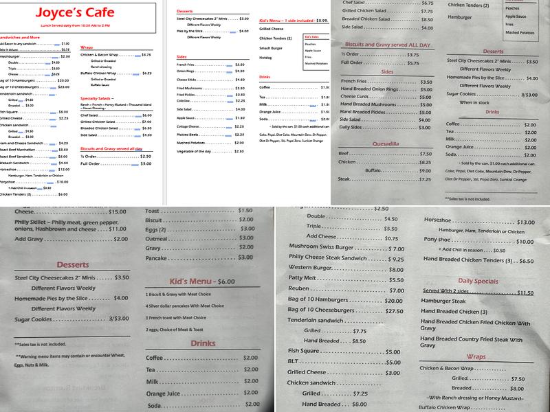 Joyce's Cafe Menu