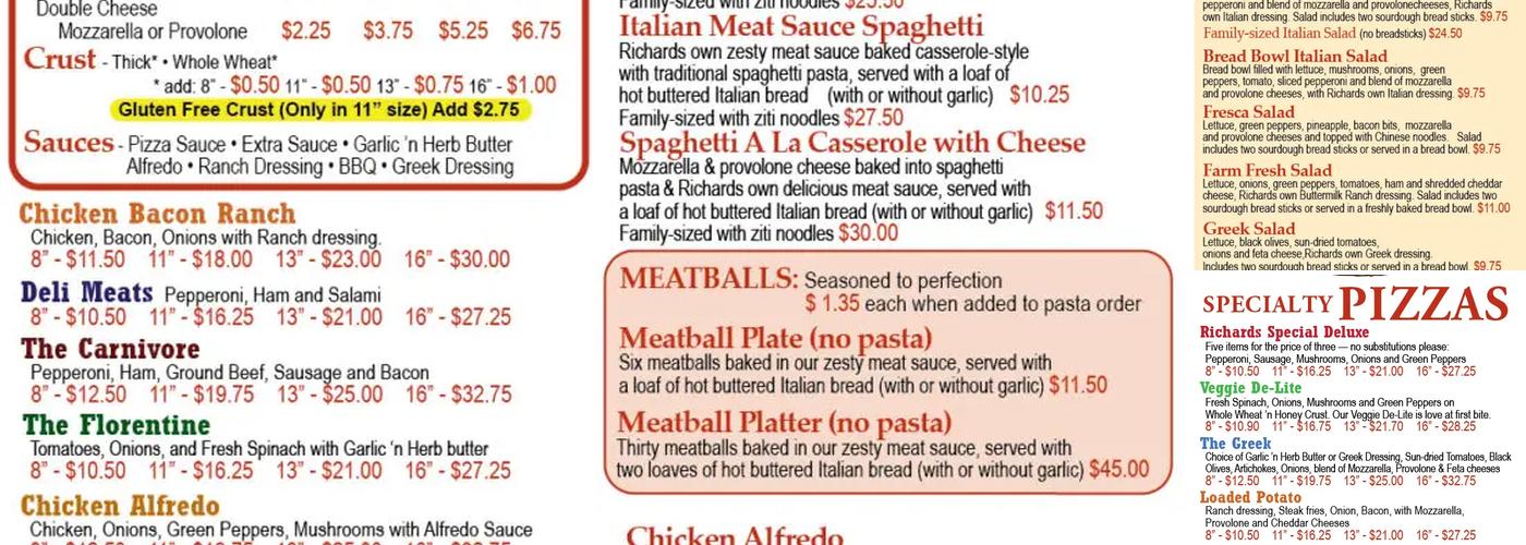 Richards Pizza Menu
