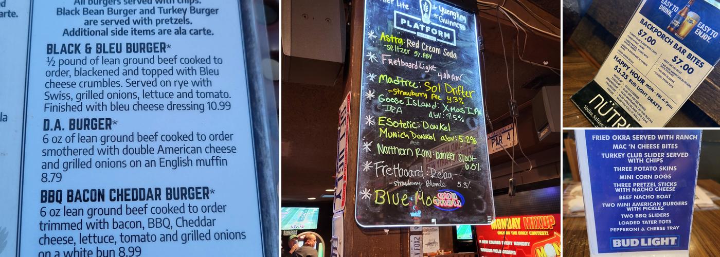 The Back Porch Saloon Menu