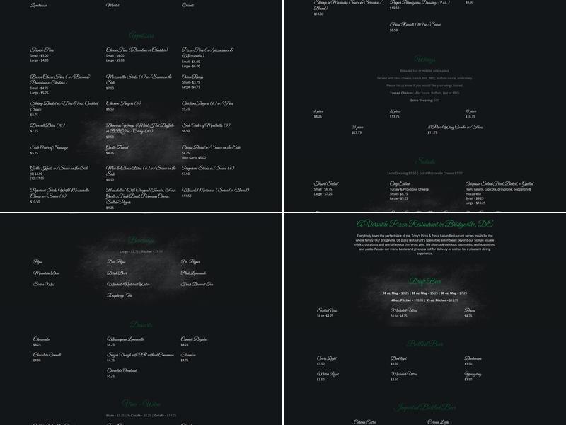 Tony's Pizza & Pasta Menu