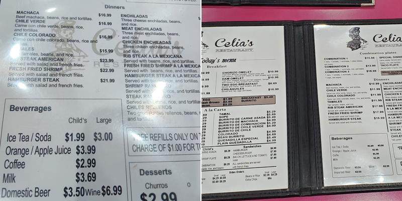 Celia's Restaurant Menu