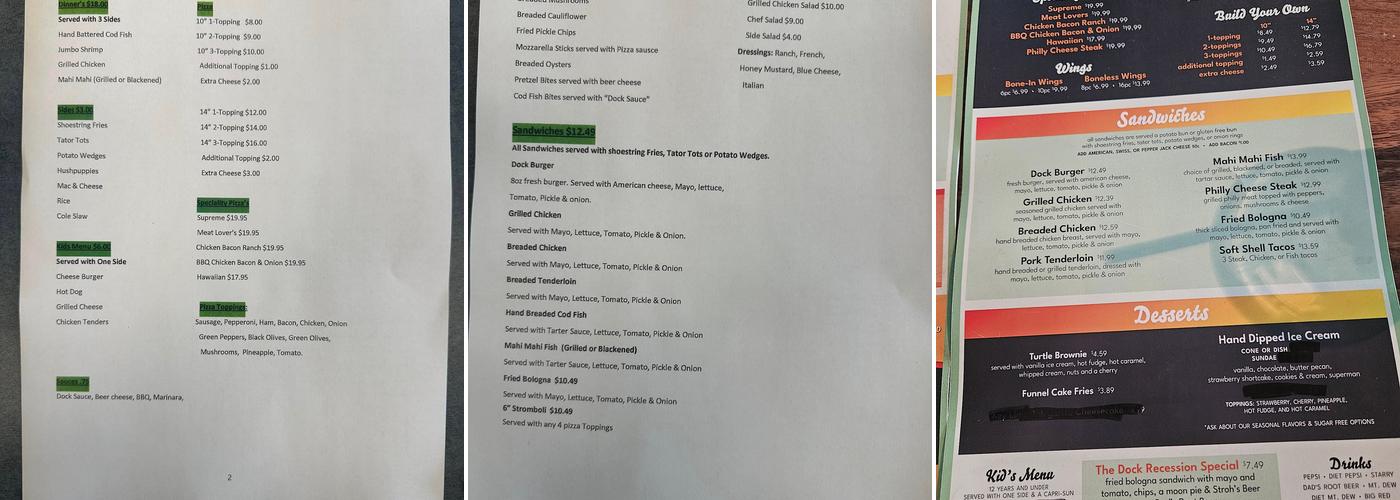 The Dock Restaurant and Bar Menu