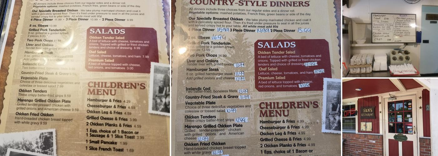 Van's Country Table Menu