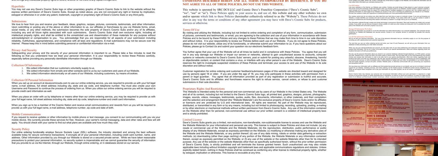 Dave's Cosmic Subs Menu