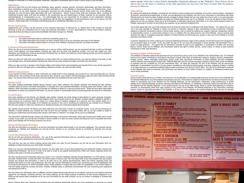 Dave's Cosmic Subs Menu