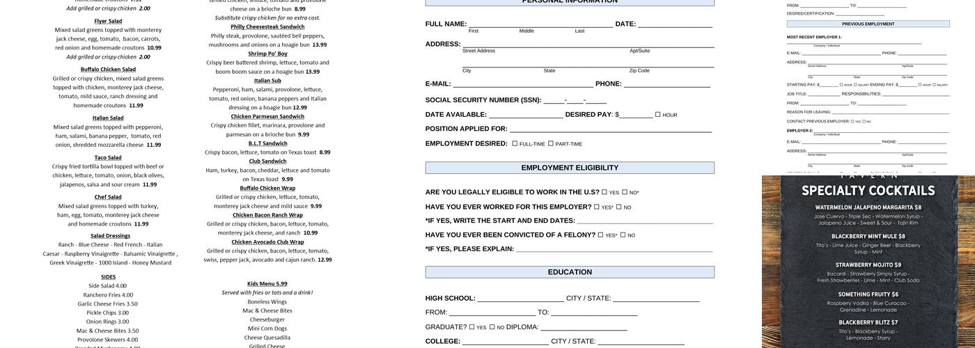 Bluto's Hometown Tavern Menu