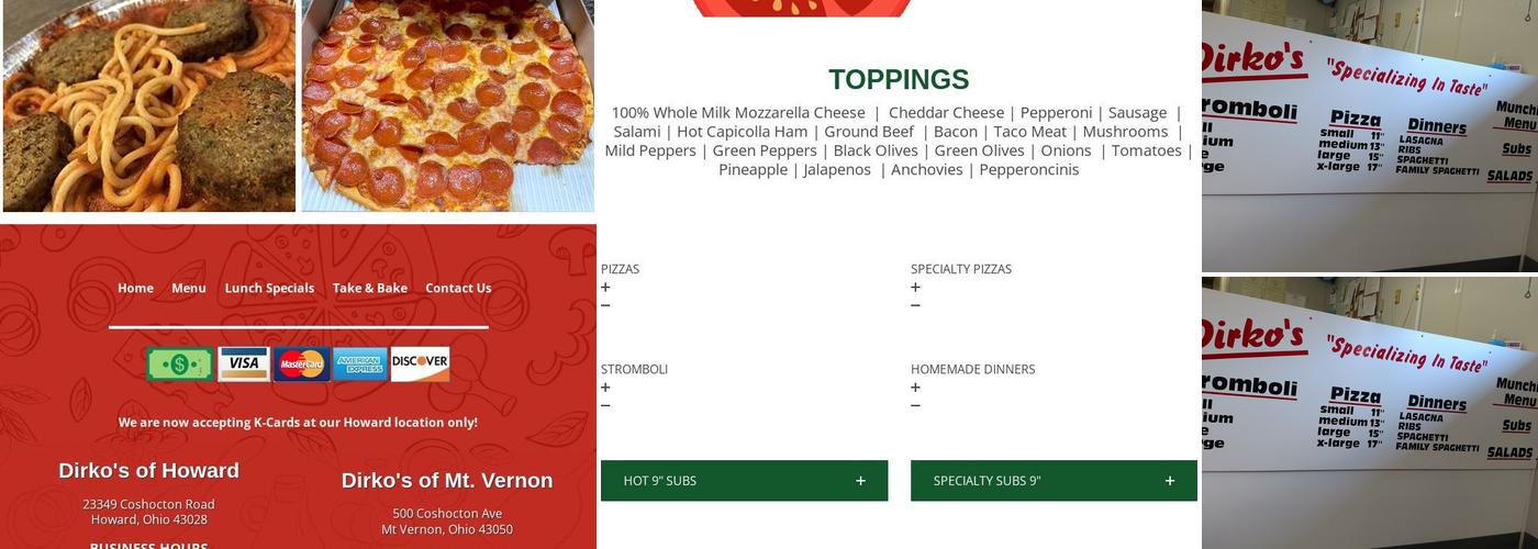 Dirko's Pizza of Howard Menu