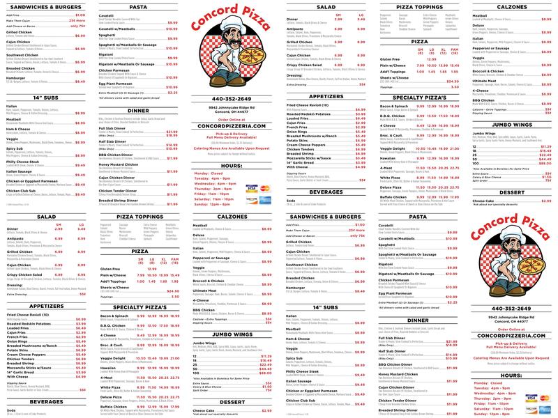 Concord Pizza Menu