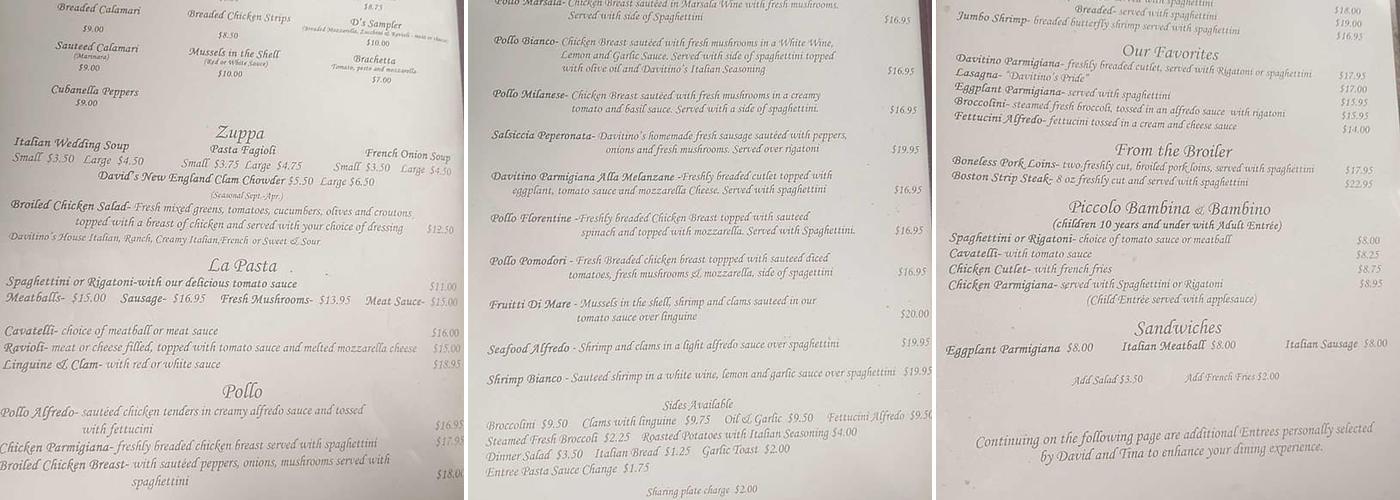 Davitino's Restaurant Menu