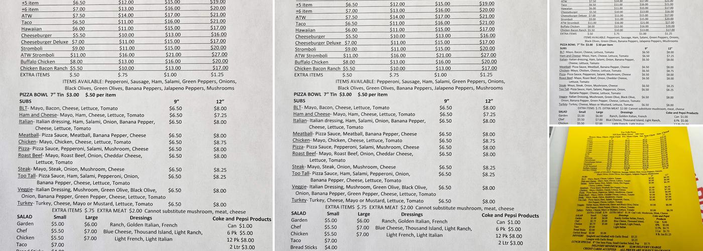 Too Talls Pizza Menu