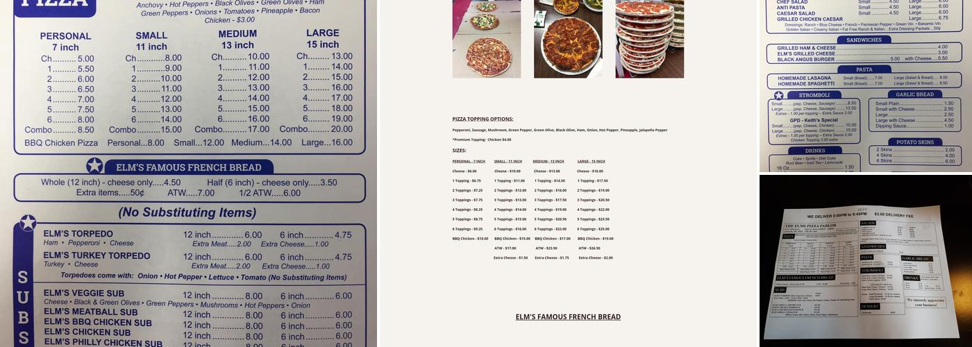 Elm's Pizza Parlor Menu