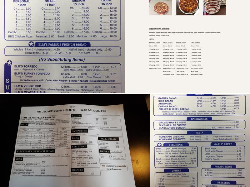 Elm's Pizza Parlor Menu