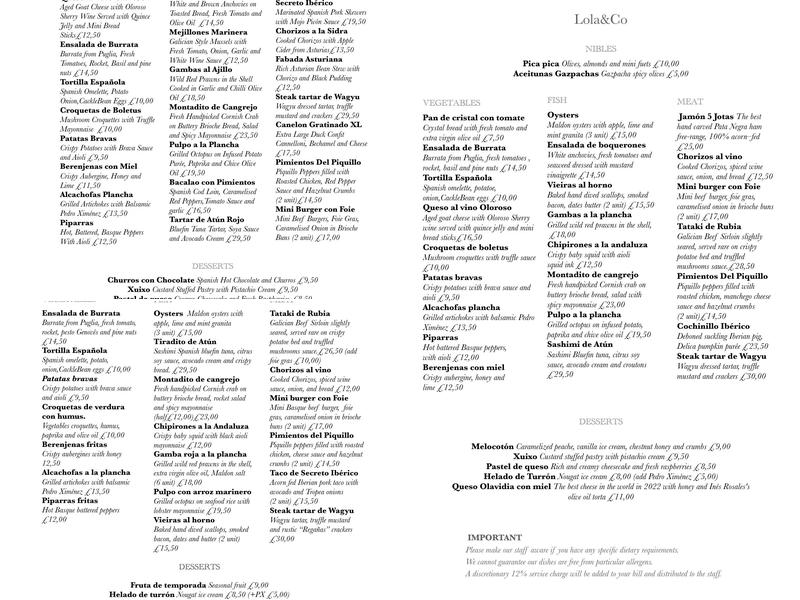 Lola & Co Tapas Menu