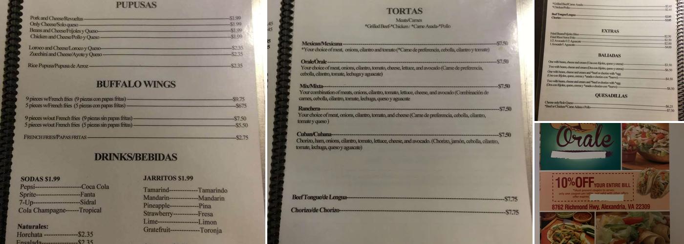 Orale Restaurant Menu