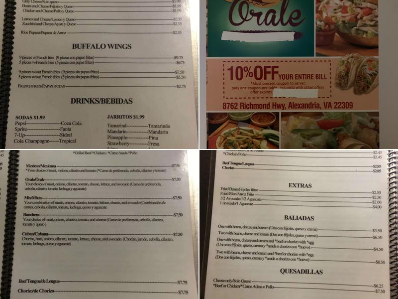 Orale Restaurant Menu