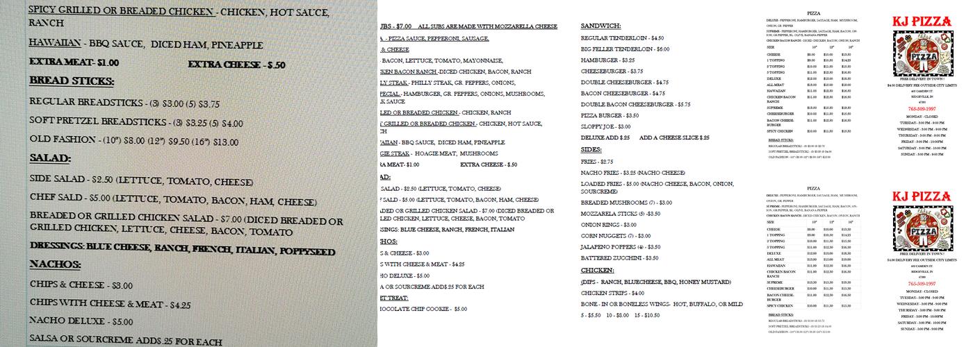 KJ Pizza Menu