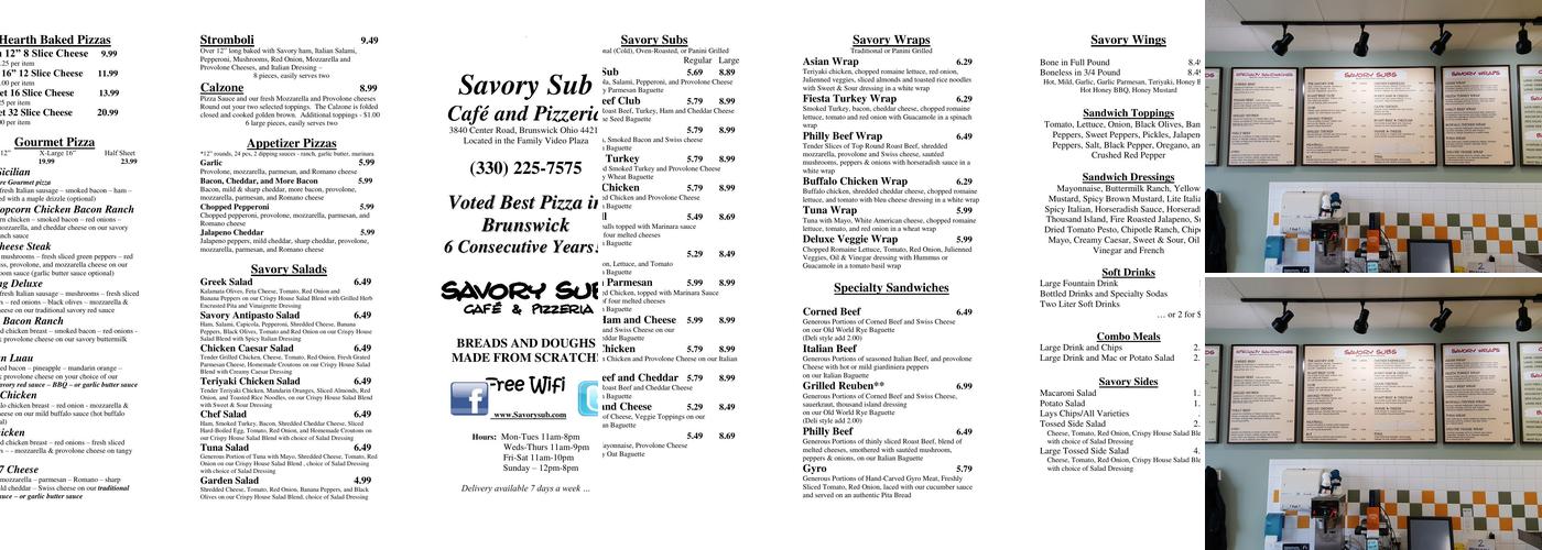 Savory Sub Cafe & Pizzeria Menu