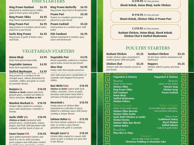 The Swan Indian Dining Menu